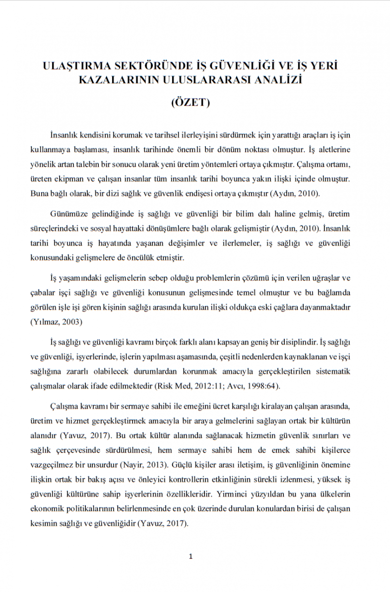 Ulaştırma Sektöründe İş Güvenliği ve İşyeri Kazalarının Uluslararası Analizi (Özet)